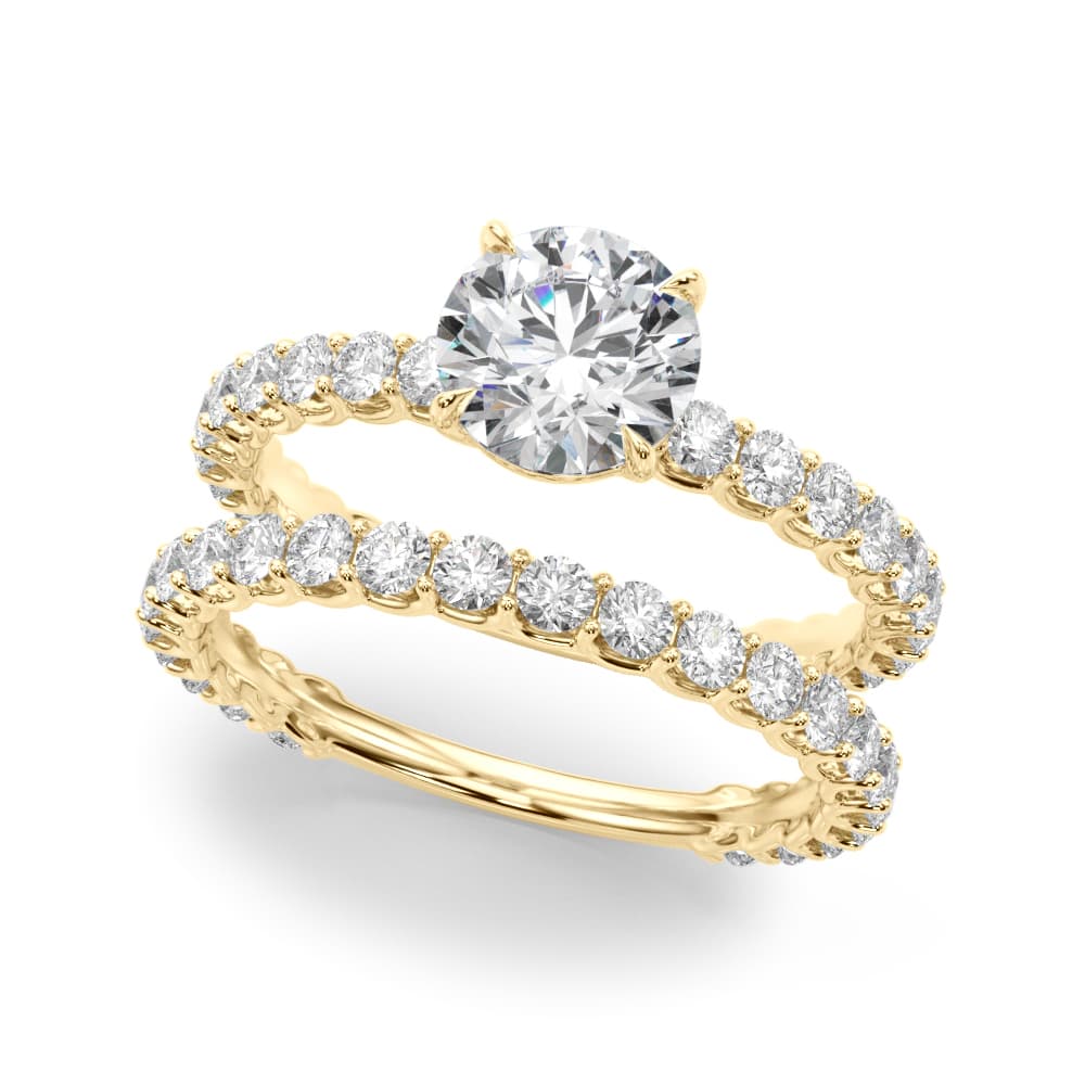 Single Row Shared Prong Trellis Engagement Ring, style 51171, On hand view in yellow gold