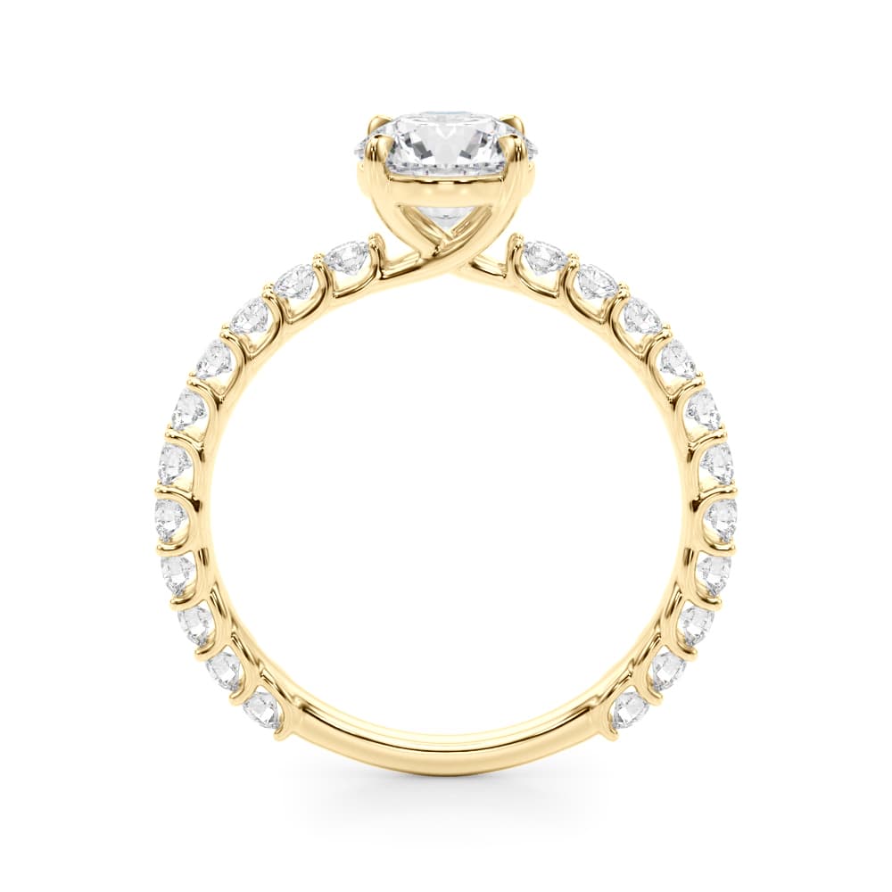 Single Row Shared Prong Trellis Engagement Ring, style 51171, Side view in yellow gold
