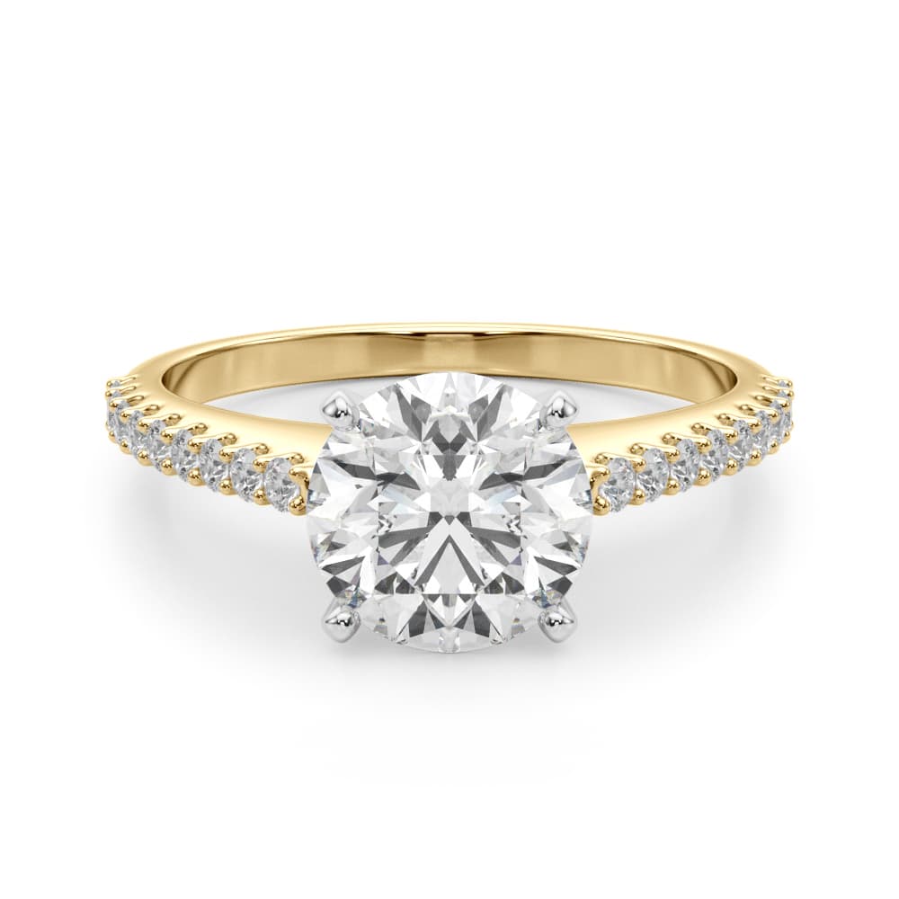 Single Row Shared Prong Engagement Ring, style 51178, Angle view in yellow gold