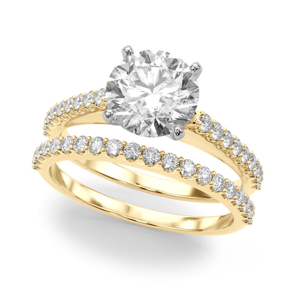 Single Row Shared Prong Engagement Ring, style 51178, On hand view in yellow gold