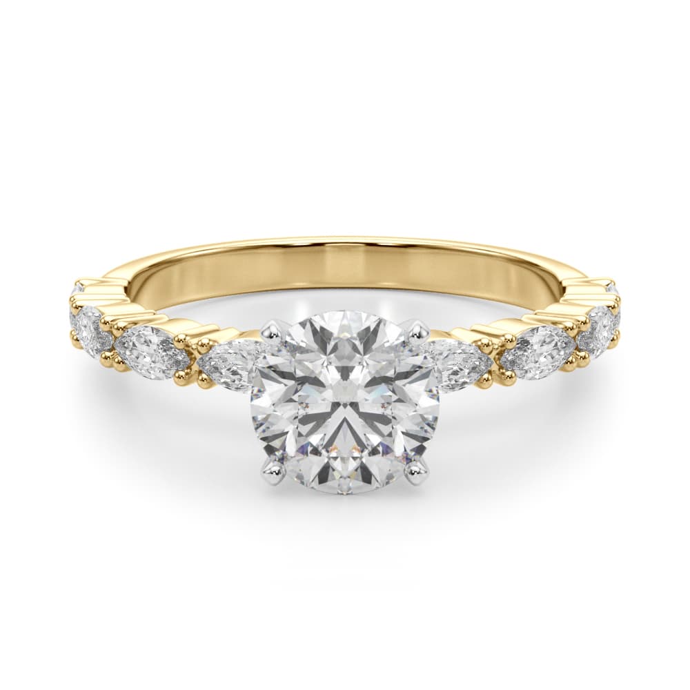 Marquise Accented Wedding Bands, style 51179, Angle view in yellow gold