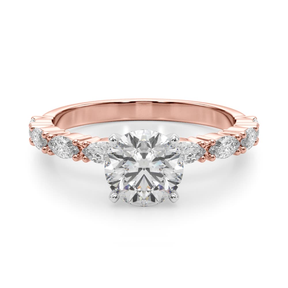 Marquise Accented Wedding Bands, style 51179, Angle view in rose gold