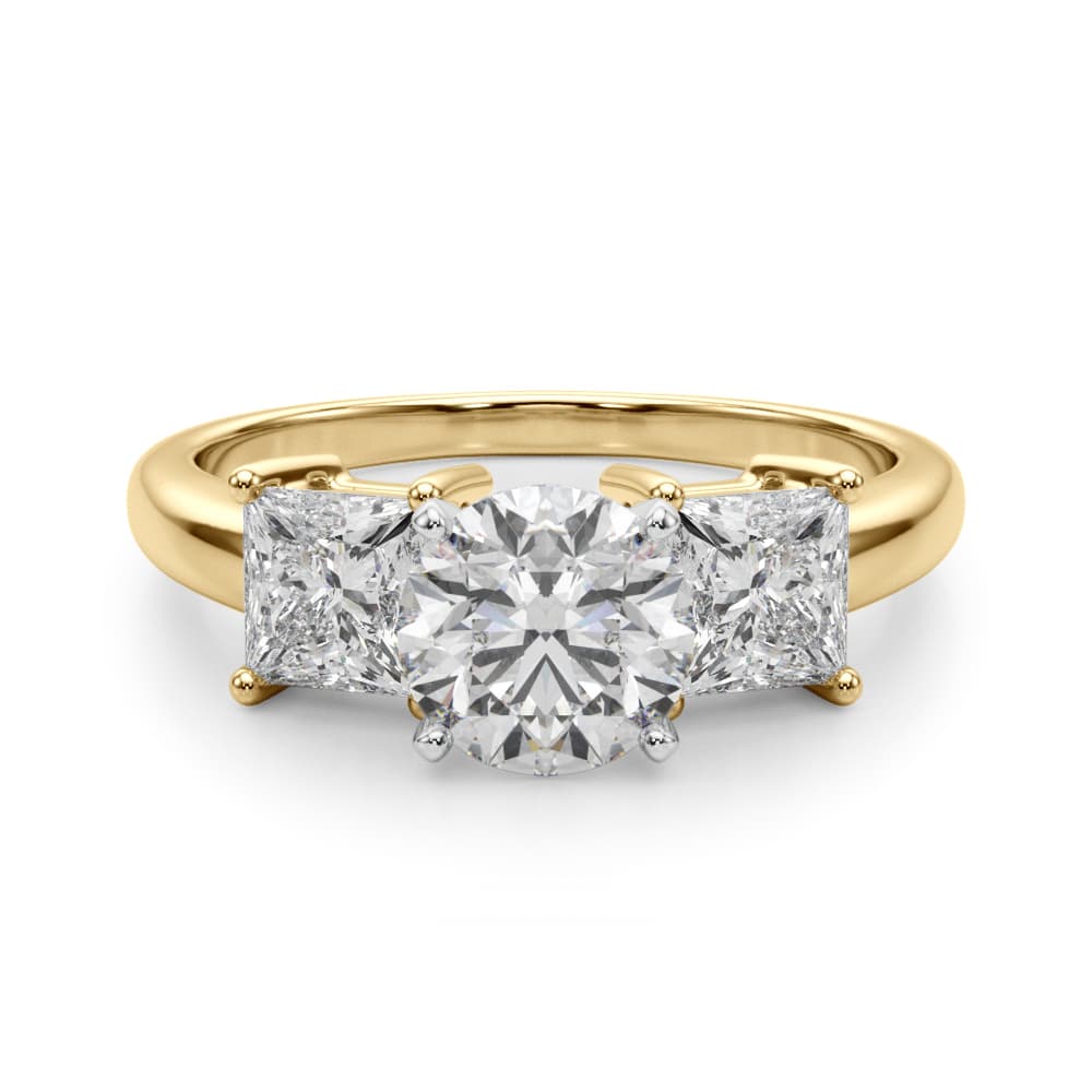 Three Stone Princess Cut Engagement Ring, style 51184, Angle view in yellow gold