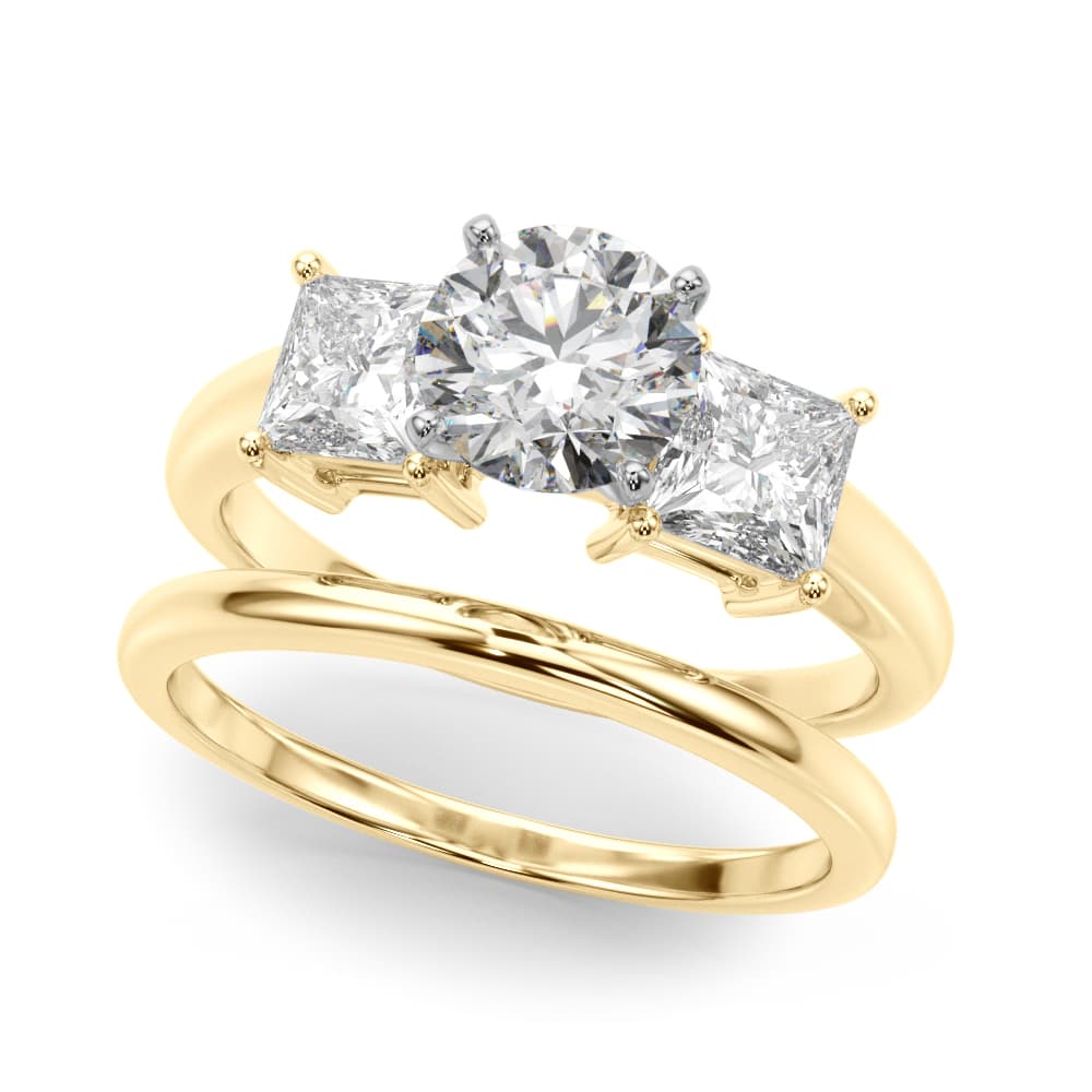 Three Stone Princess Cut Engagement Ring, style 51184, On hand view in yellow gold