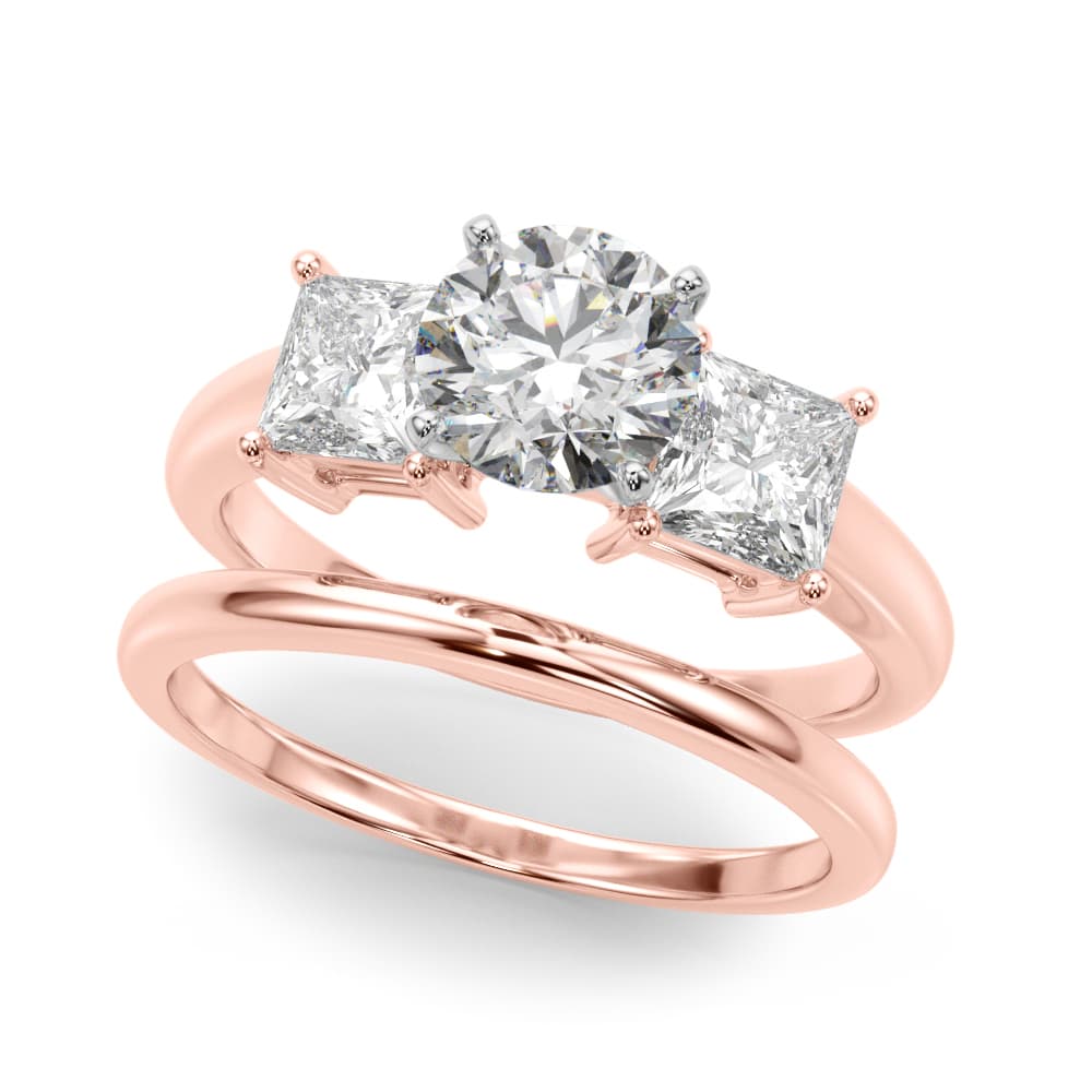 Three Stone Princess Cut Engagement Ring, style 51184, On hand view in rose gold