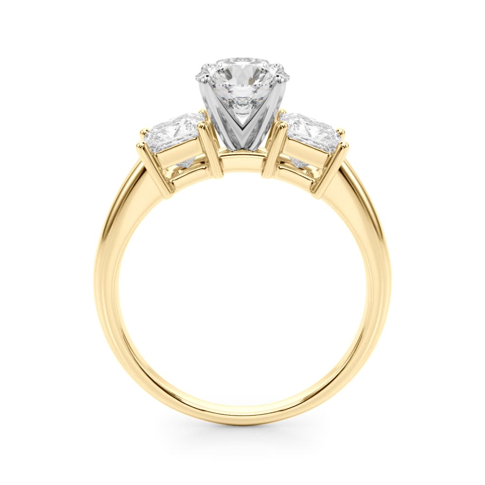 Three Stone Princess Cut Engagement Ring, style 51184, Side view in yellow gold