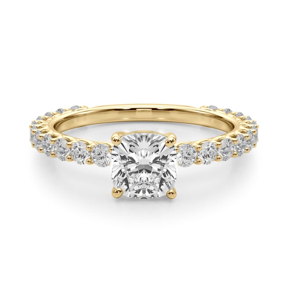 Cu Single Row Shared Prong Eng Ring, style 51193, Angle view in yellow gold