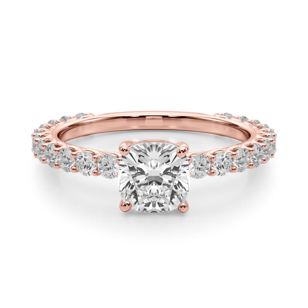 Cu Single Row Shared Prong Eng Ring, style 51193, Angle view in rose gold