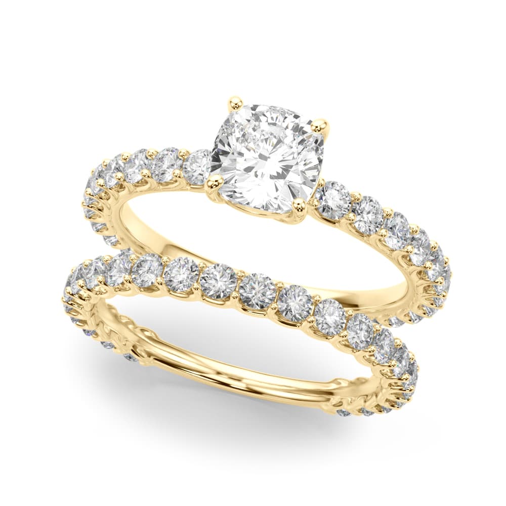Cu Single Row Shared Prong Eng Ring, style 51193, On hand view in yellow gold
