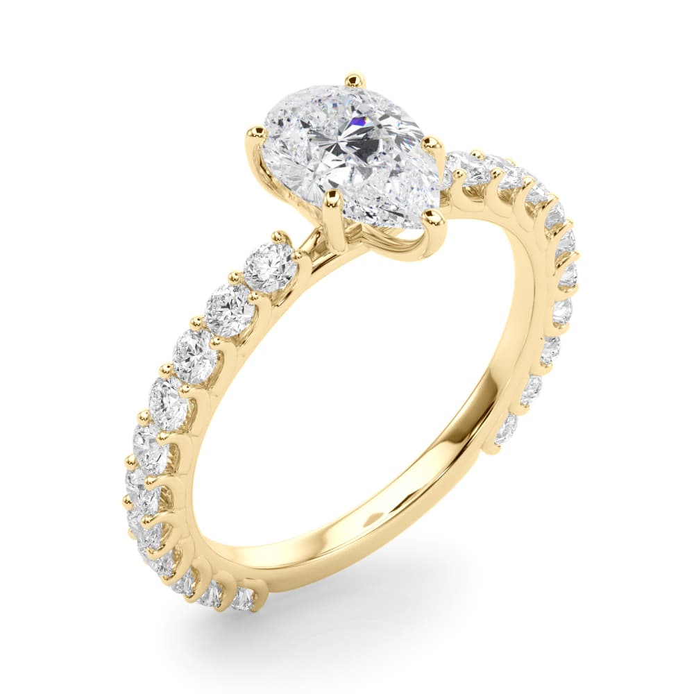Pear Single Row Shared Prong En, style 51194, Angle view in yellow gold