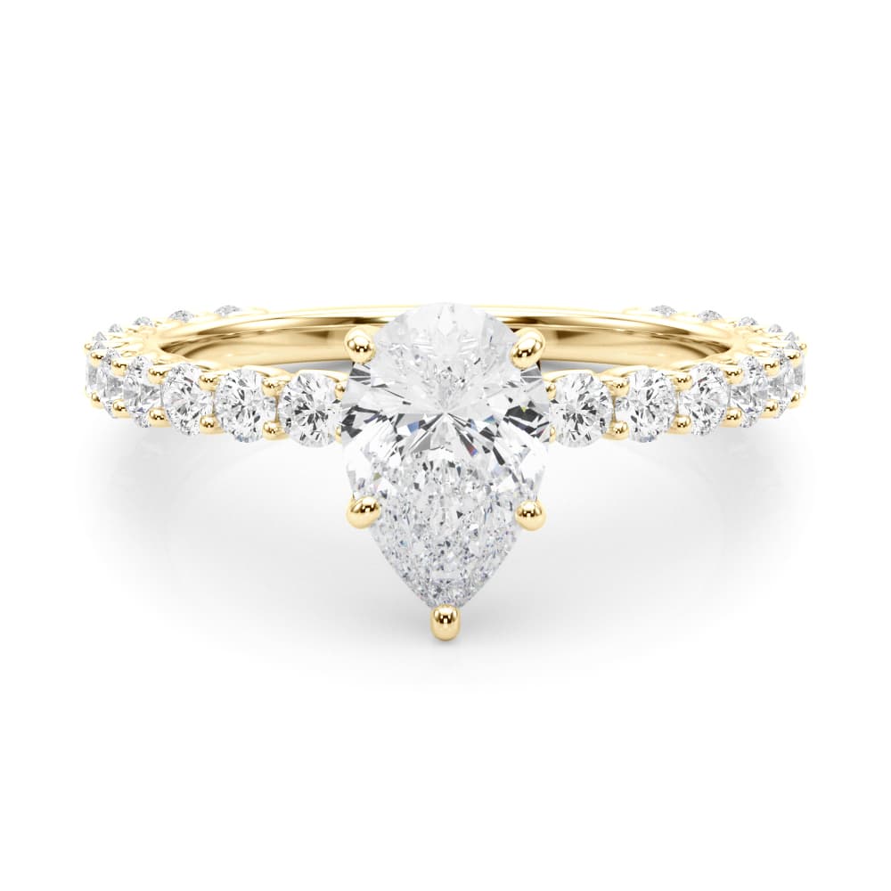 Pear Single Row Shared Prong En, style 51194, On hand view in yellow gold