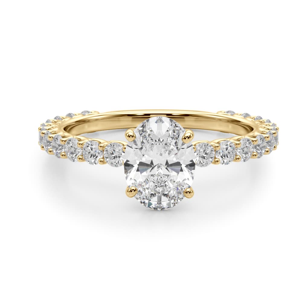 Oval Single Row Shared Prong Eng Ring, style 51195, Angle view in yellow gold