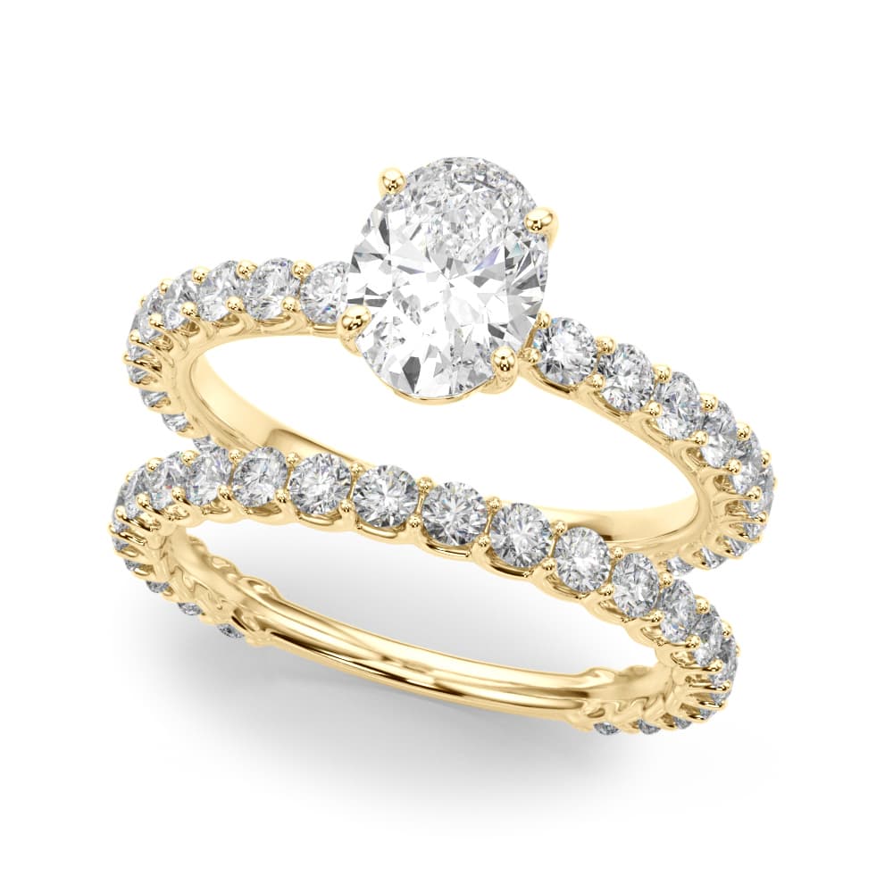 Oval Single Row Shared Prong Eng Ring, style 51195, On hand view in yellow gold