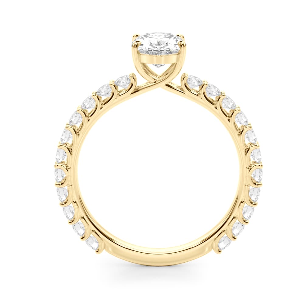 Oval Single Row Shared Prong Eng Ring, style 51195, Side view in yellow gold