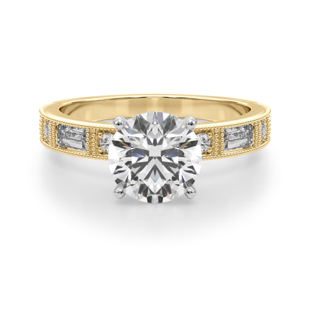 Alternating Round & Baguette Stackable Engagement Ring, style 51200, Angle view in yellow gold
