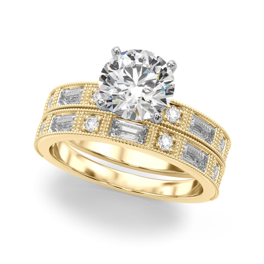 Alternating Round & Baguette Stackable Engagement Ring, style 51200, On hand view in yellow gold