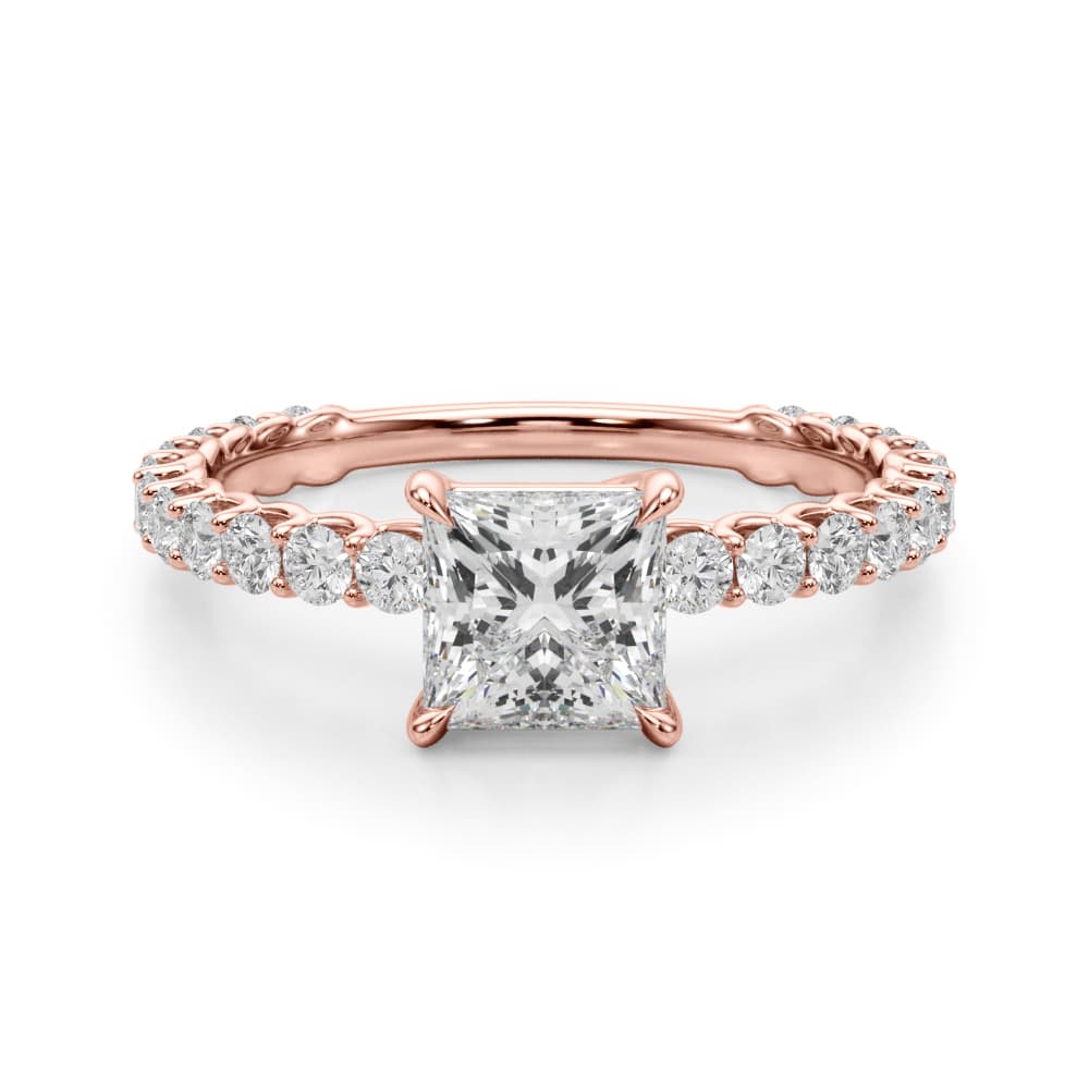 Pc Single Row Shared Prong Eng Ring, style 51202, Angle view in rose gold