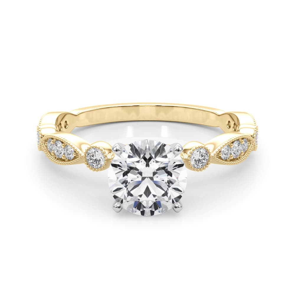Vintage Inspired Milgrain Engagement Ring, style 51205, On hand view in yellow gold