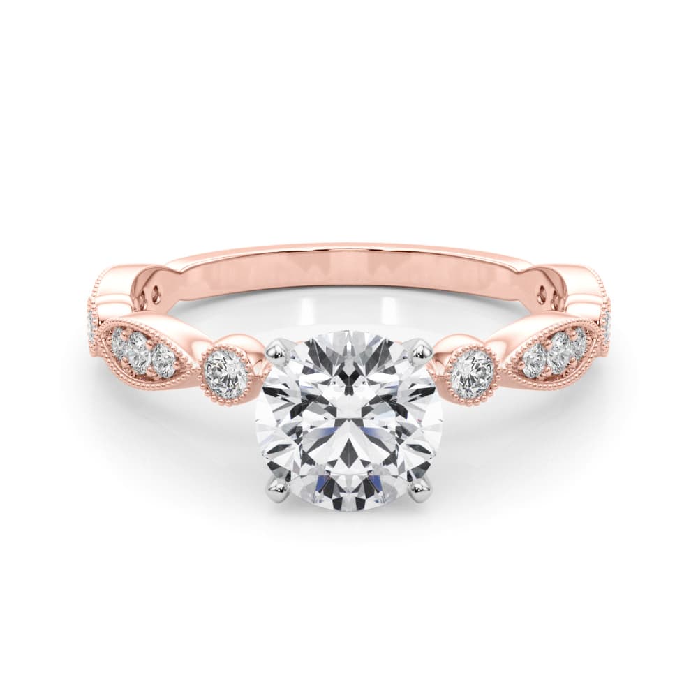 Vintage Inspired Milgrain Engagement Ring, style 51205, On hand view in rose gold