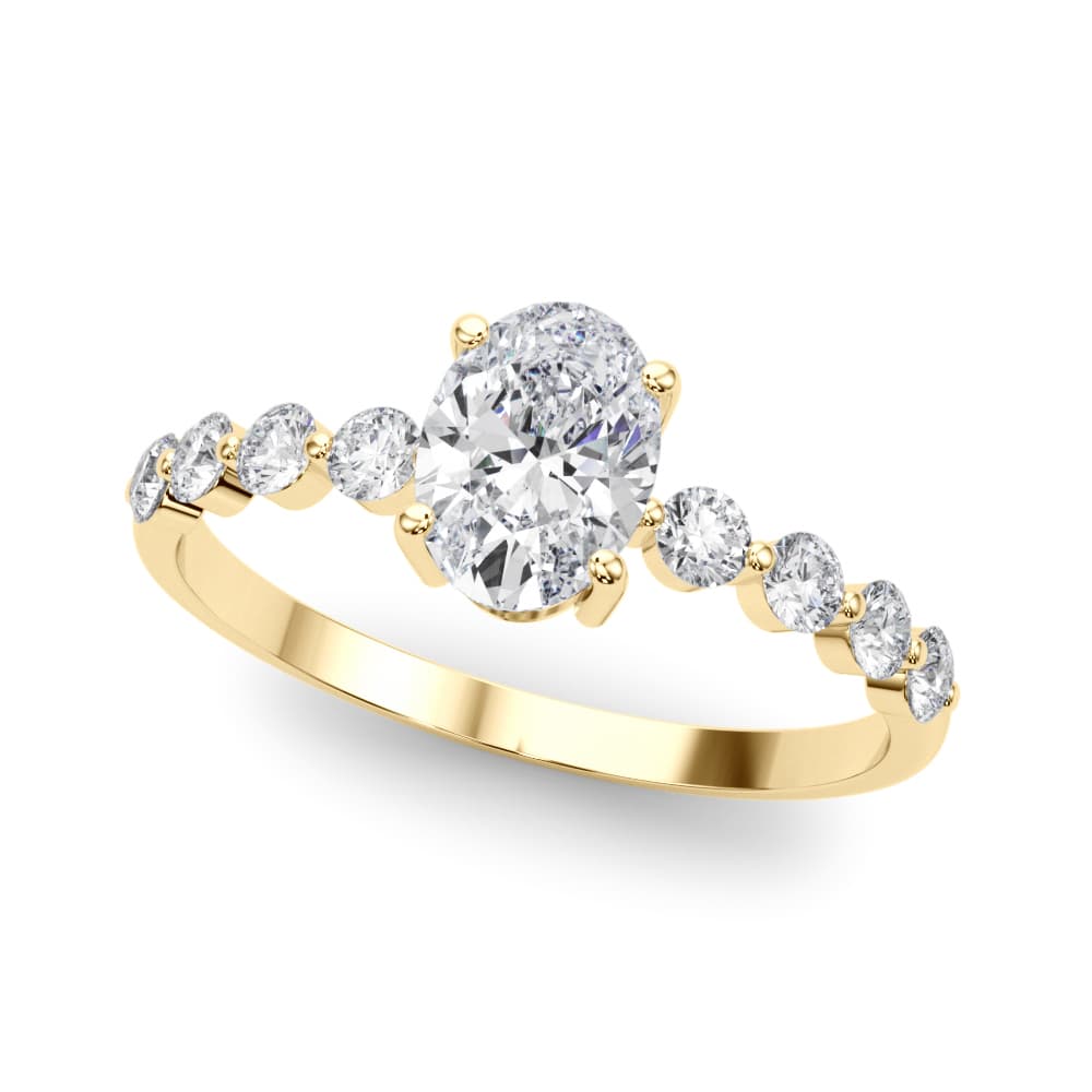 Oval Single Row Shared Prong Eng Ring, style 51206, Front view in yellow gold
