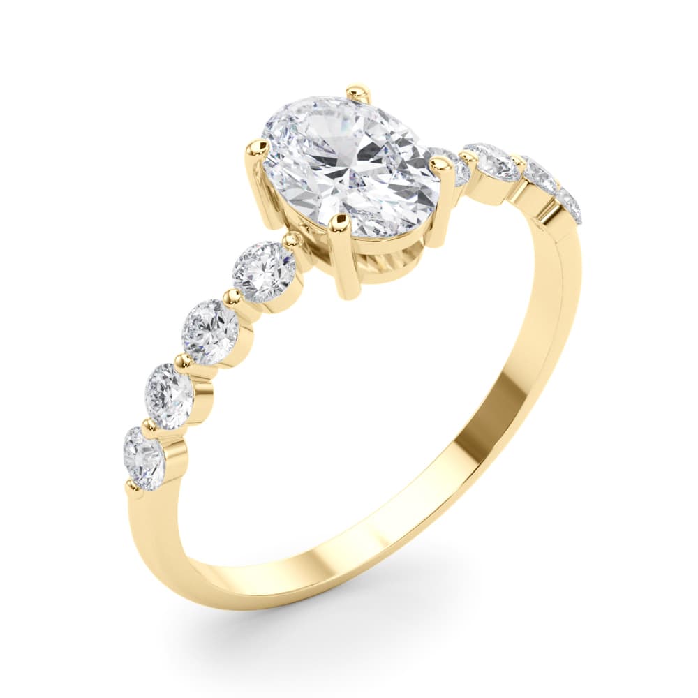 Oval Single Row Shared Prong Eng Ring, style 51206, Angle view in yellow gold