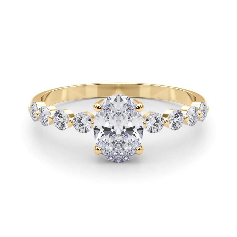 Oval Single Row Shared Prong Eng Ring, style 51206, On hand view in yellow gold