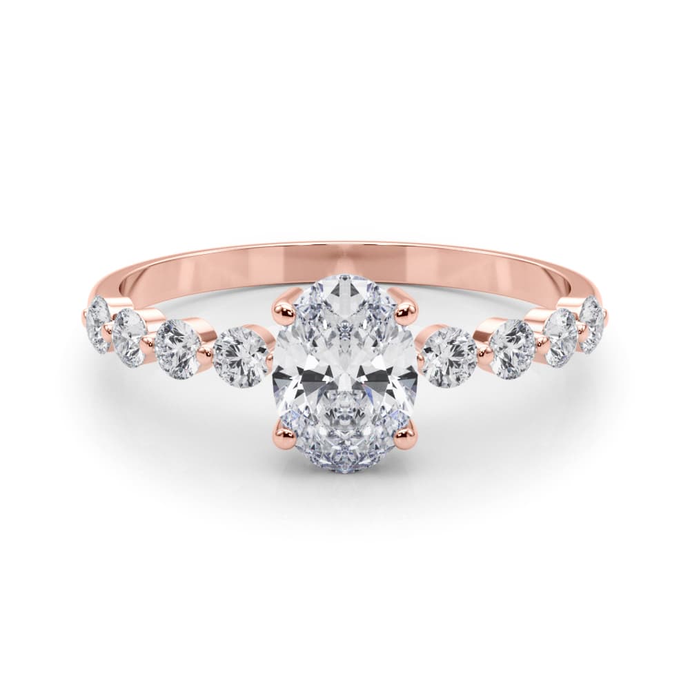 Oval Single Row Shared Prong Eng Ring, style 51206, On hand view in rose gold
