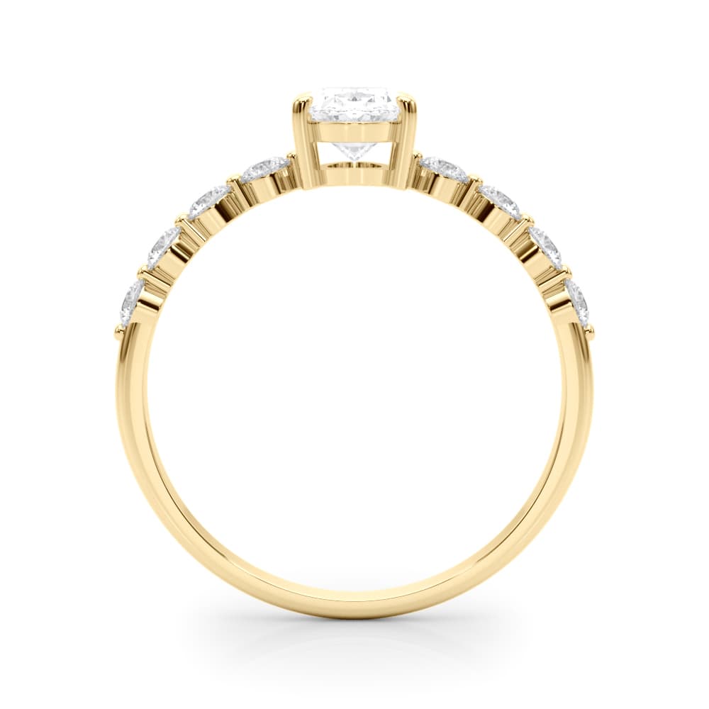 Oval Single Row Shared Prong Eng Ring, style 51206, Side view in yellow gold