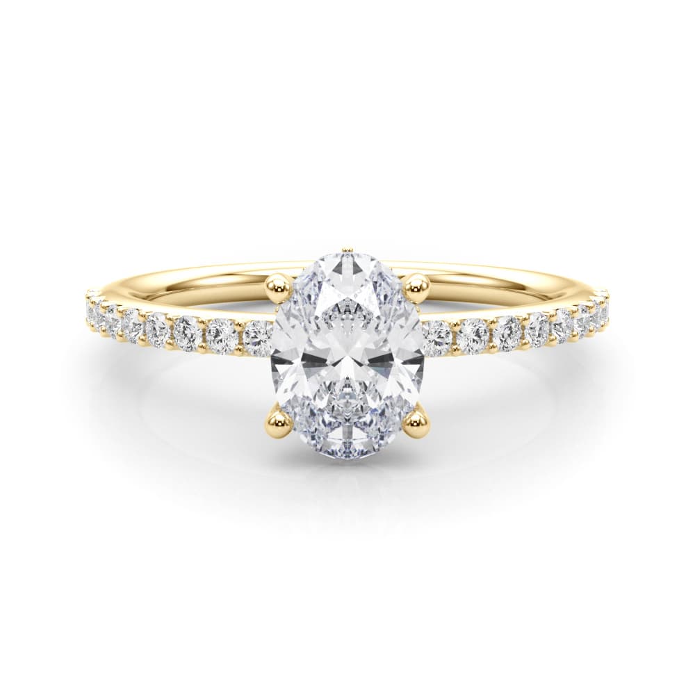 Hidden Halo Oval Engagement Ring, style 51208, On hand view in yellow gold