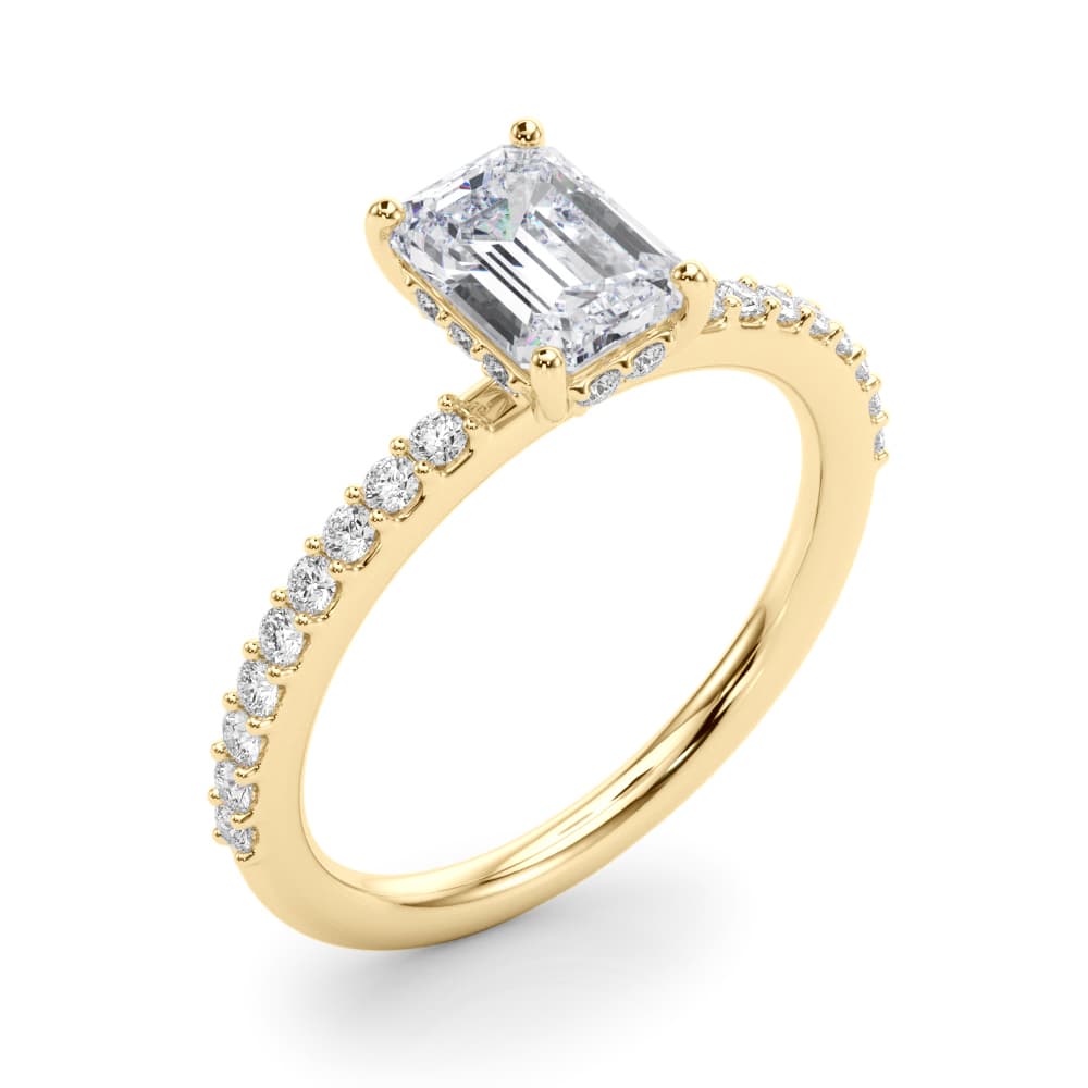 Hidden Halo Emerald Cut Engagement Ring, style 51209, Angle view in yellow gold
