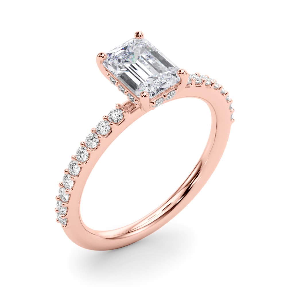 Hidden Halo Emerald Cut Engagement Ring, style 51209, Angle view in rose gold