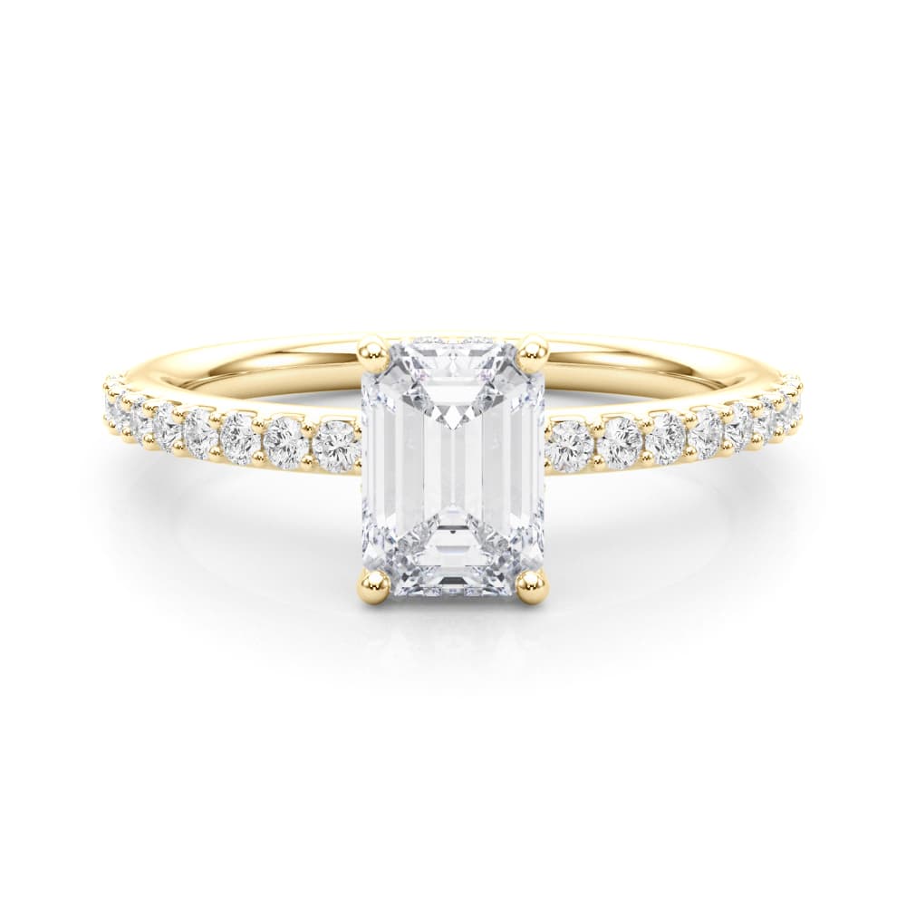 Hidden Halo Emerald Cut Engagement Ring, style 51209, On hand view in yellow gold