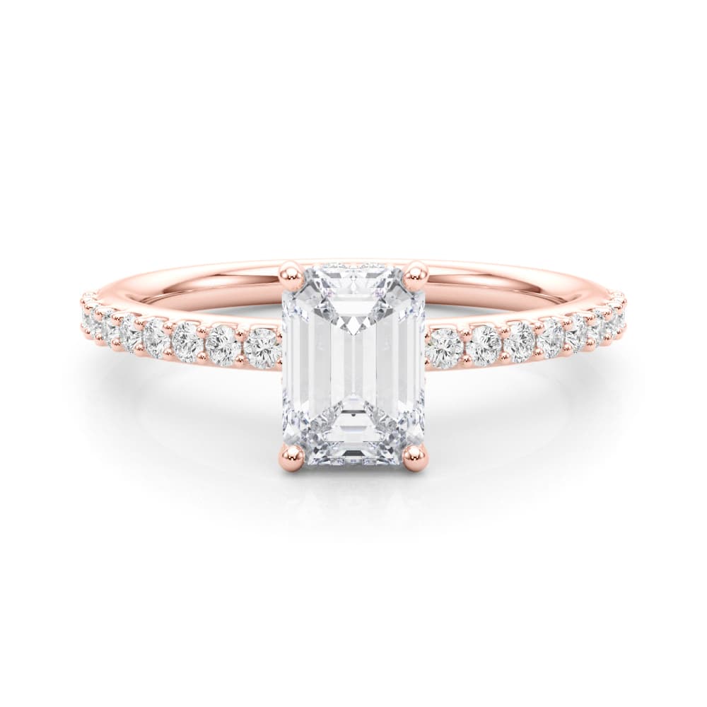 Hidden Halo Emerald Cut Engagement Ring, style 51209, On hand view in rose gold