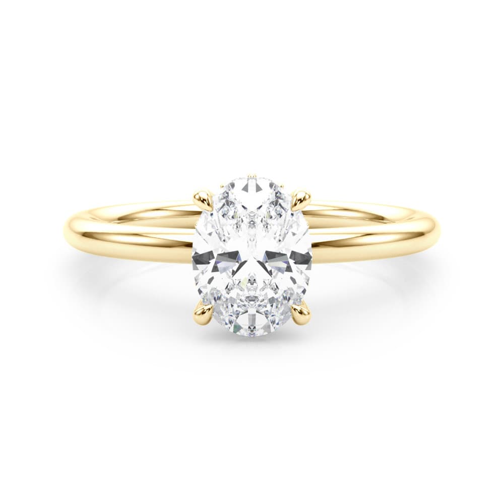 Hidden Halo Oval Engagement Ring, style 51211, On hand view in yellow gold
