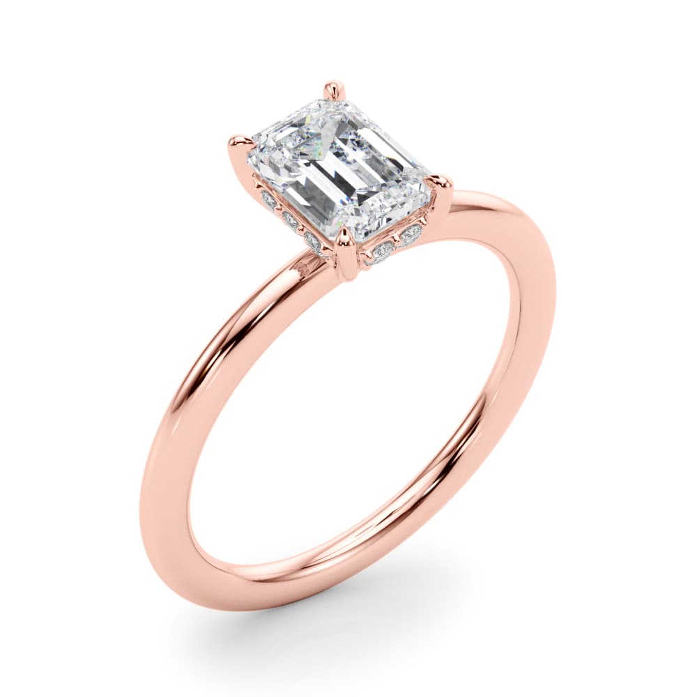 Hidden Halo Emerald Cut Engagement Ring, style 51212, Angle view in rose gold