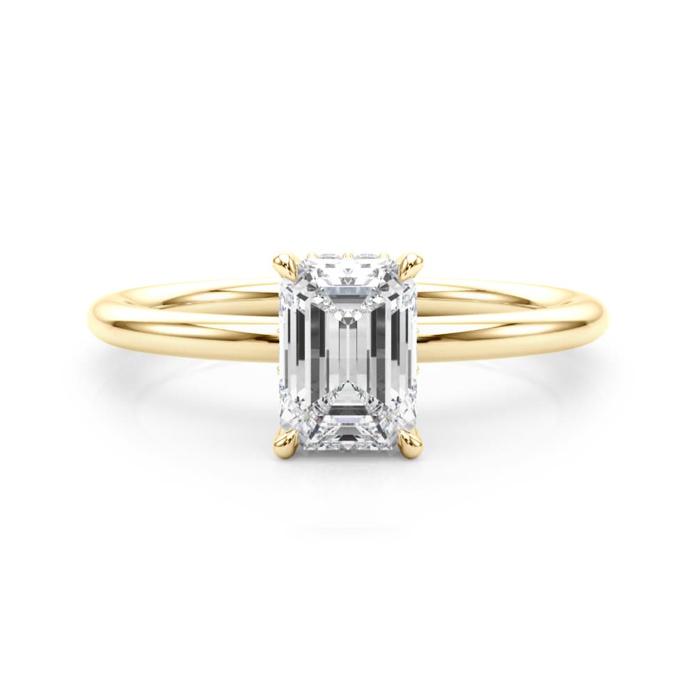 Hidden Halo Emerald Cut Engagement Ring, style 51212, On hand view in yellow gold