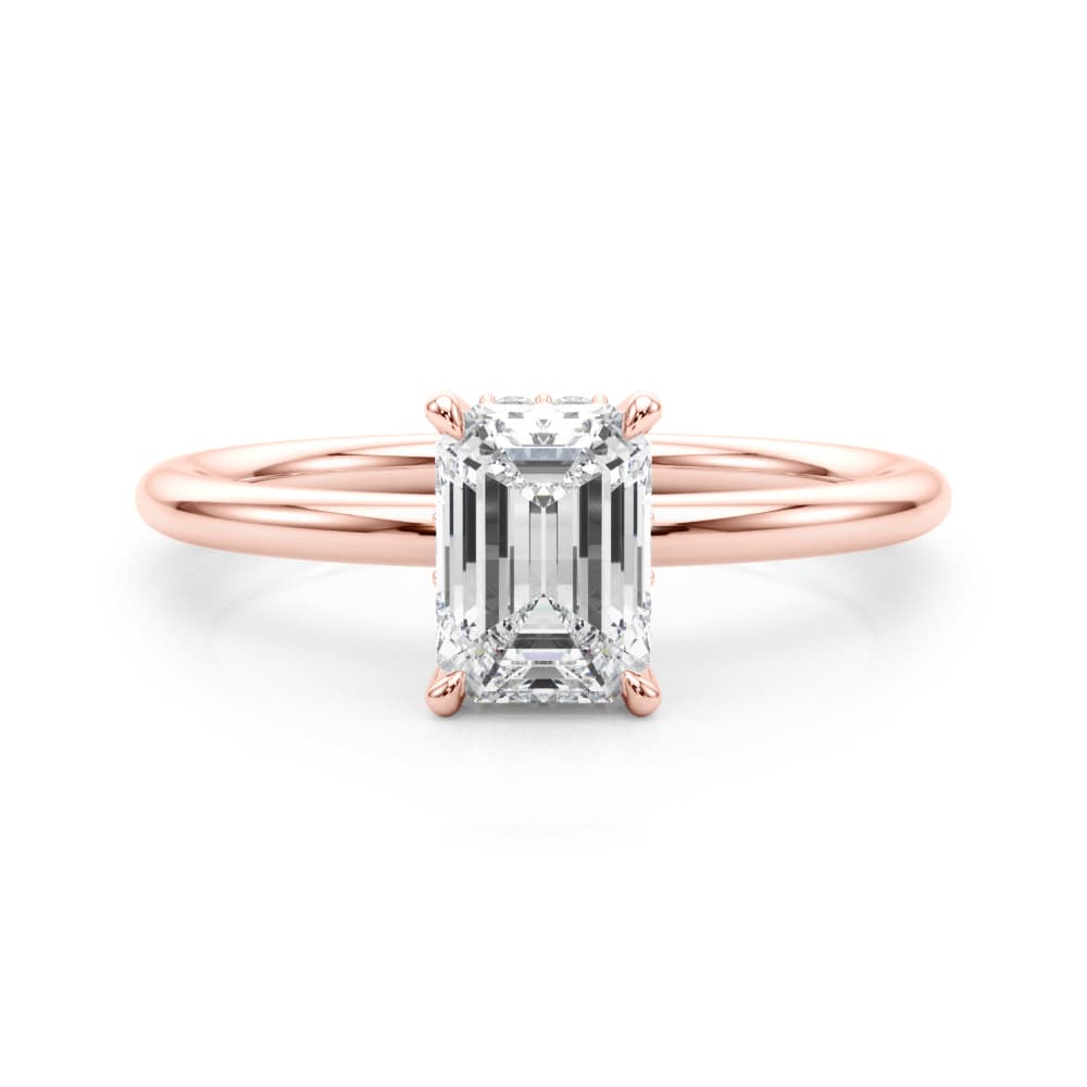 Hidden Halo Emerald Cut Engagement Ring, style 51212, On hand view in rose gold