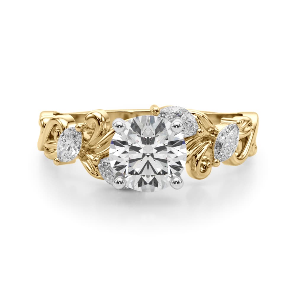 Vintage-Inspired Marquise Accented Engagement Ring, style 51213, Angle view in yellow gold