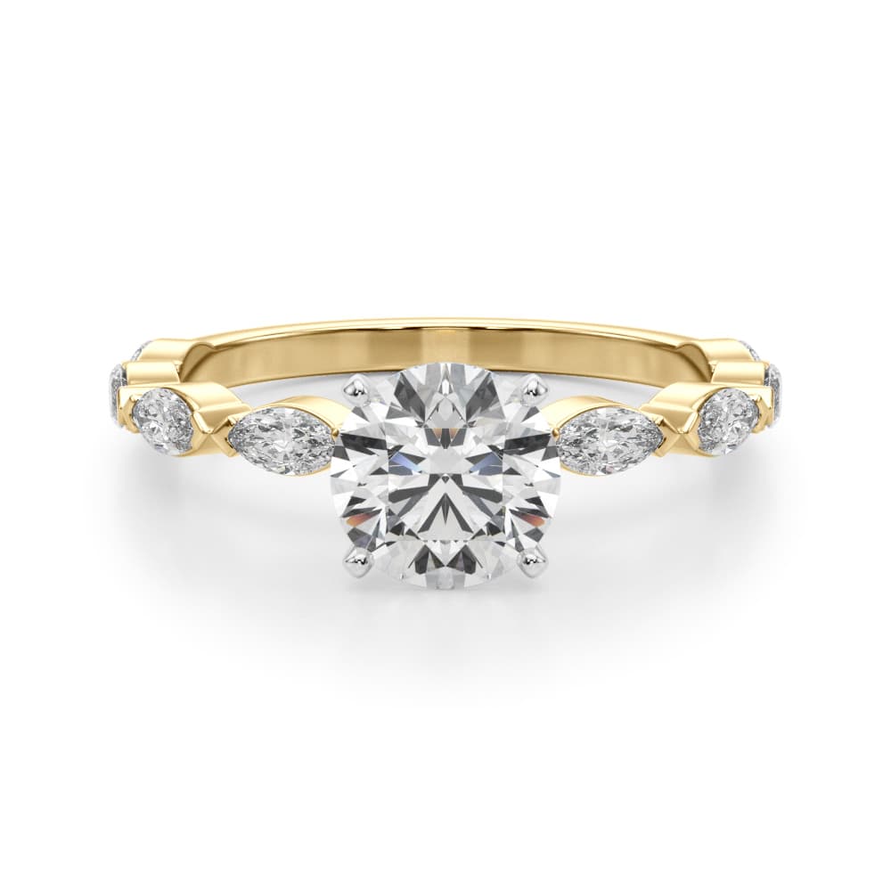 V-Tip Marquise Accented Engagement Ring, style 51216, Angle view in yellow gold