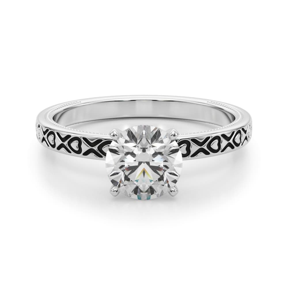 Vintage Style Heart Carved Engagement Ring, style 51219, Angle view in white gold or platinum