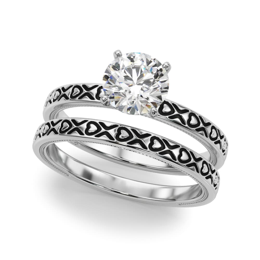 Vintage Style Heart Carved Engagement Ring, style 51219, On hand view in white gold or platinum