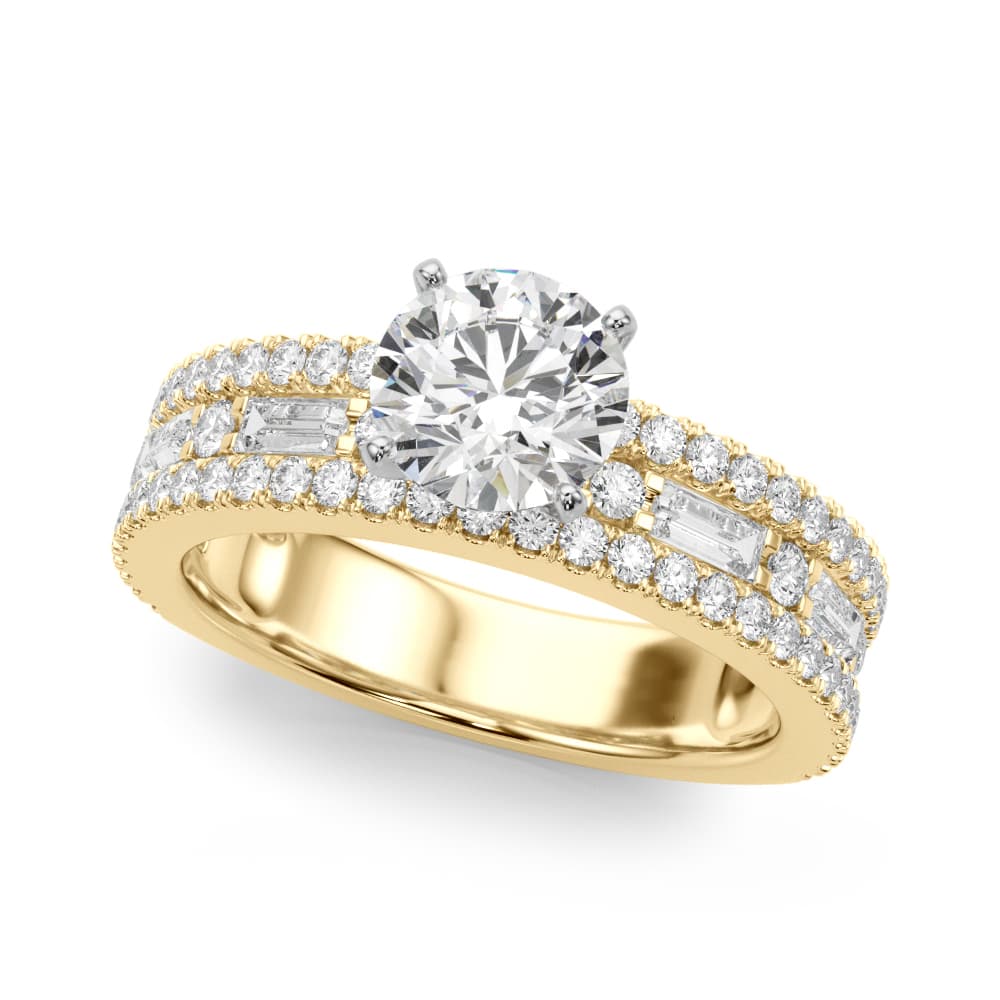 Multi-Row Round & Baguette Engagement Ring, style 51224, Front view in yellow gold