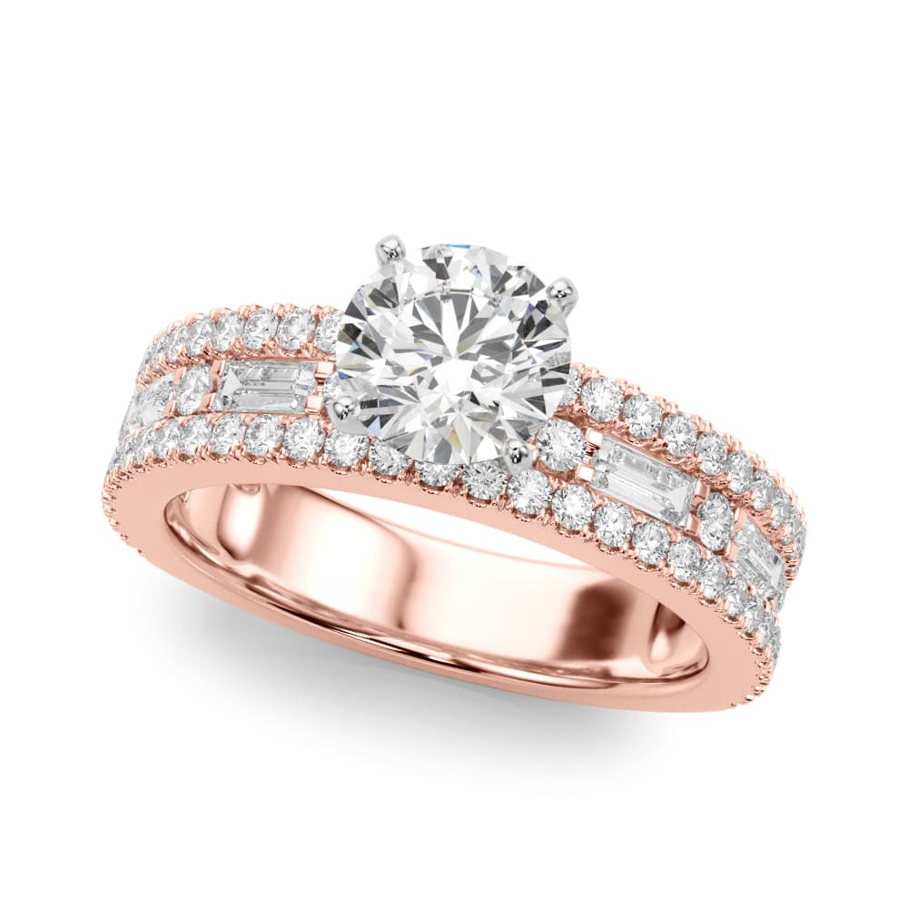 Multi-Row Round & Baguette Engagement Ring, style 51224, Front view in rose gold