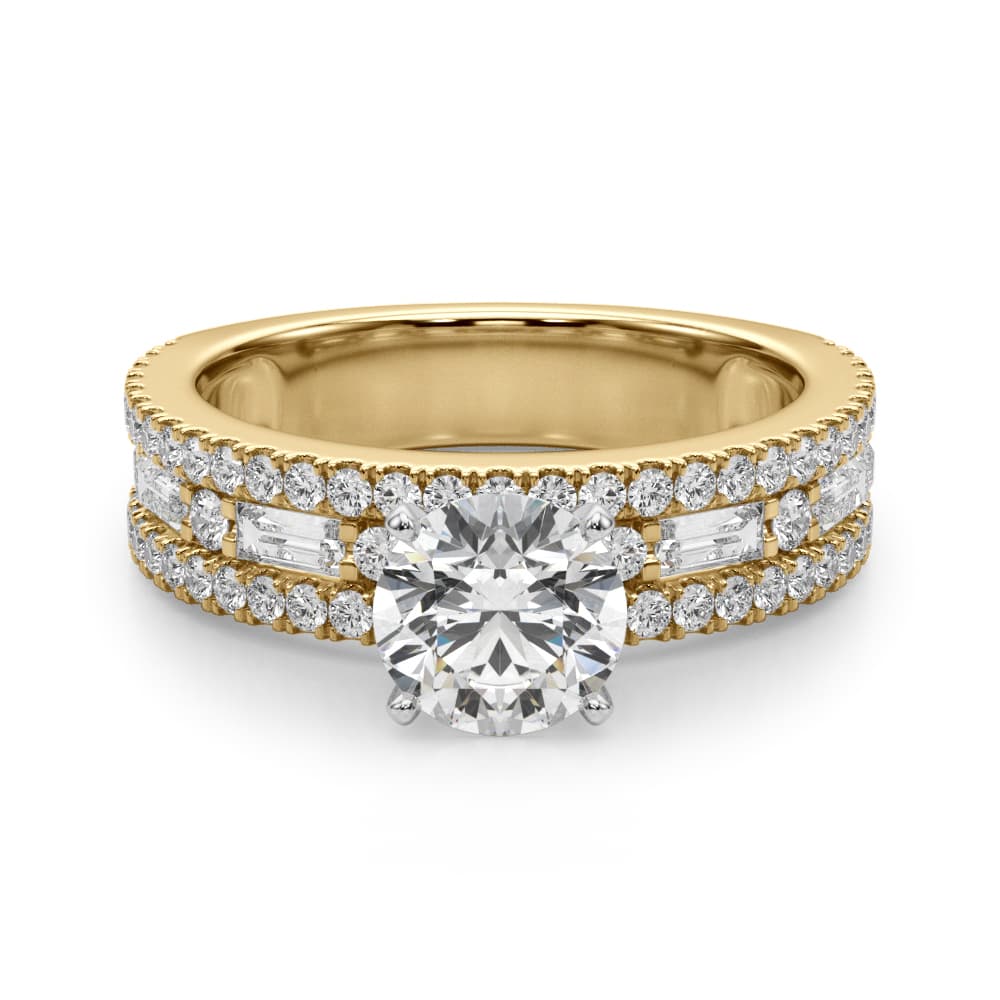 Multi-Row Round & Baguette Engagement Ring, style 51224, Angle view in yellow gold