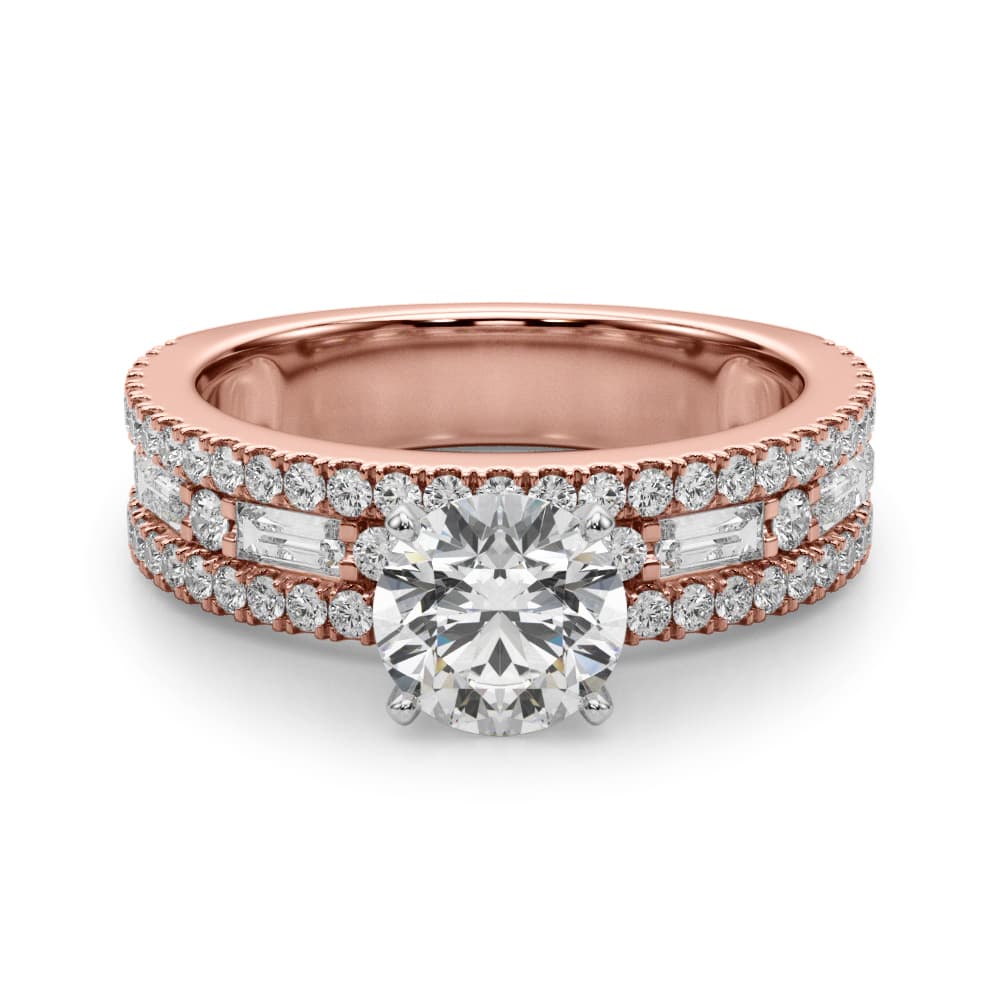 Multi-Row Round & Baguette Engagement Ring, style 51224, Angle view in rose gold