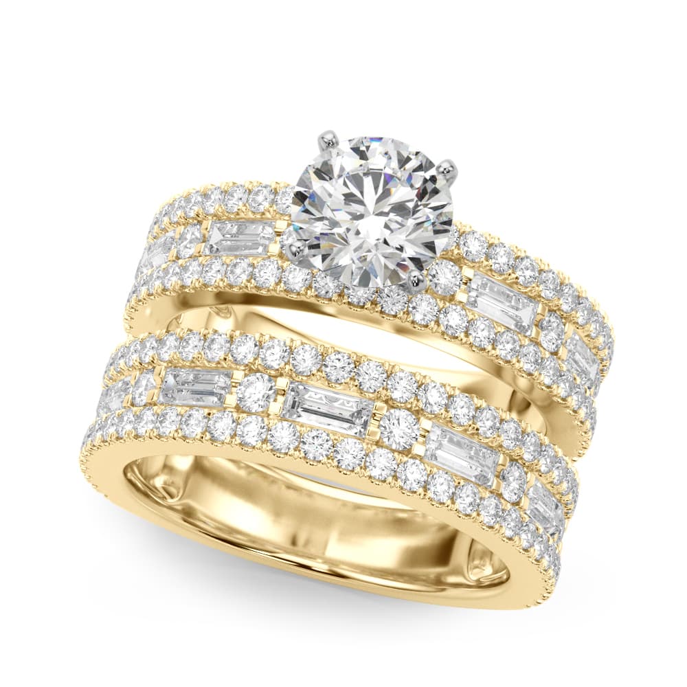 Multi-Row Round & Baguette Engagement Ring, style 51224, On hand view in yellow gold