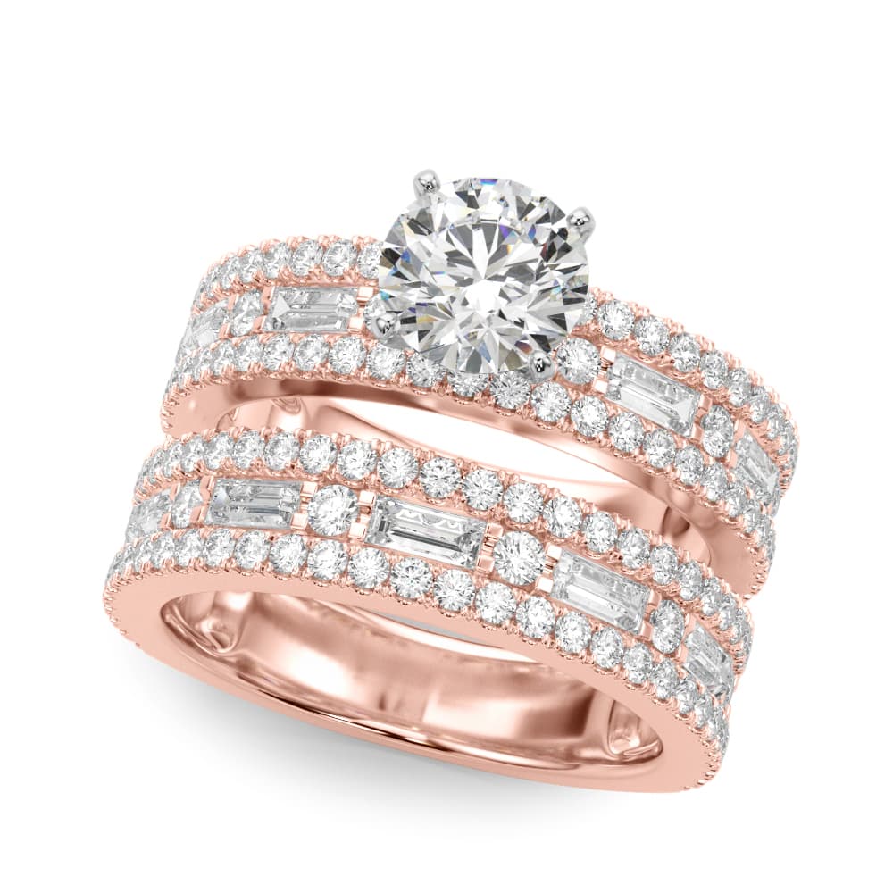 Multi-Row Round & Baguette Engagement Ring, style 51224, On hand view in rose gold