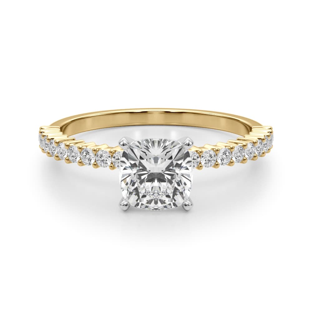Single Row Shared Prong Engagement Ring, style 51226, Angle view in yellow gold