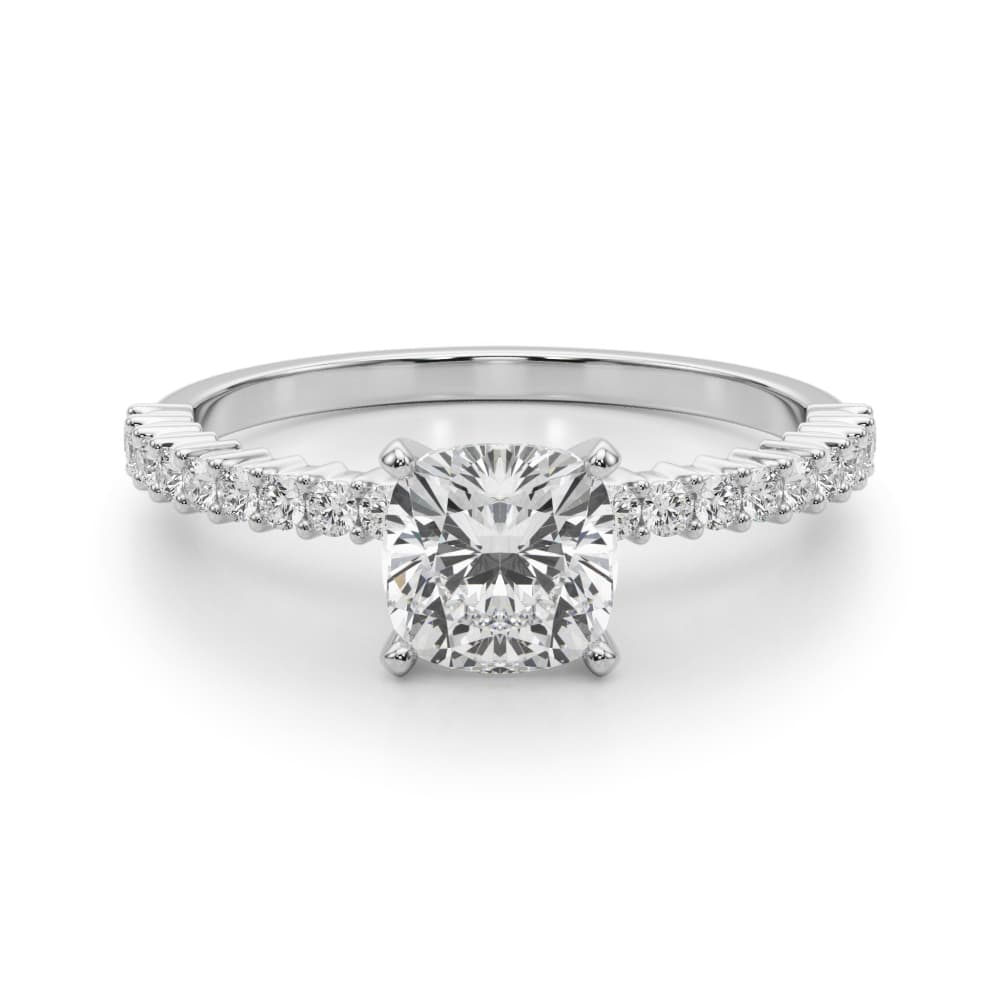 Single Row Shared Prong Engagement Ring, style 51226, Angle view in white gold or platinum