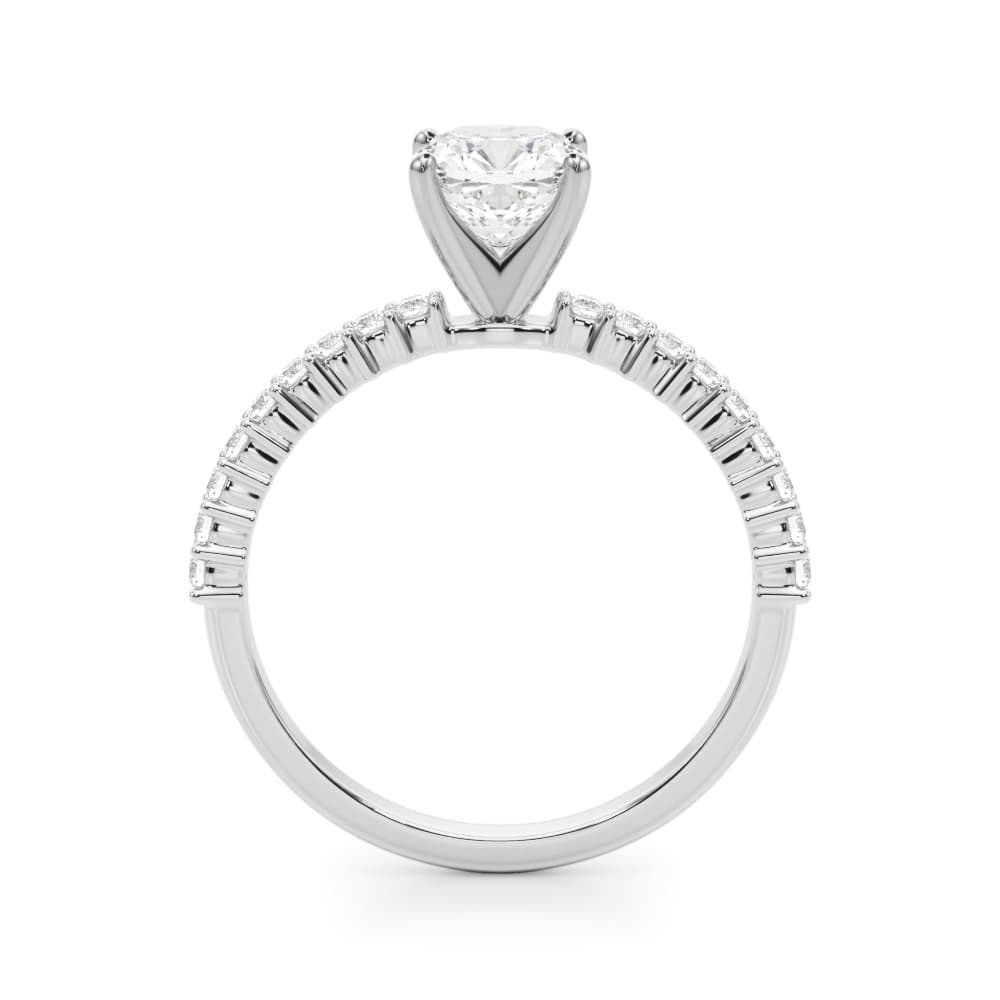Single Row Shared Prong Engagement Ring, style 51226, Side view in white gold or platinum